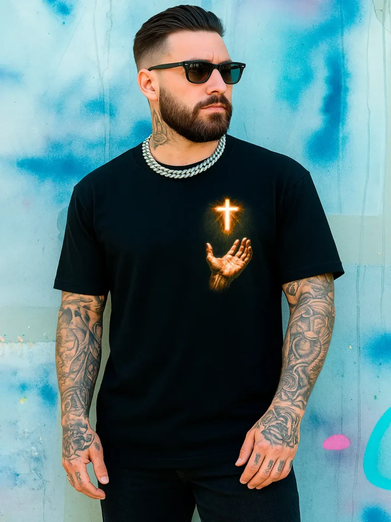 Camiseta Cruz Iluminada com Mão Estampa Religiosa - OFERTA RELÂMPAGO COMPRE 1 LEVE 3