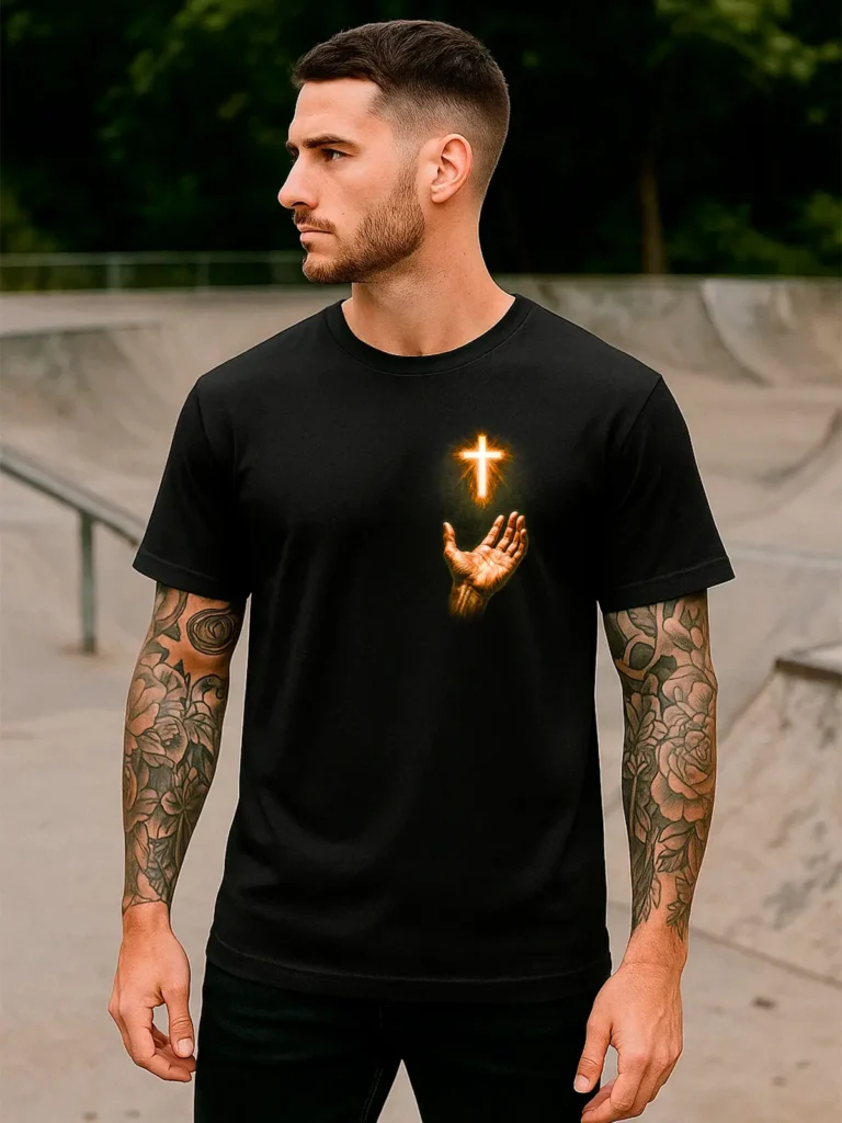 Camiseta Cruz Iluminada com Mão Estampa Religiosa - OFERTA RELÂMPAGO COMPRE 1 LEVE 3