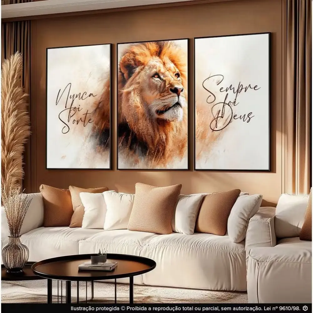 Quadro Mosaico 3 Peças 180x80cm — Leão "Nunca Foi Sorte, Sempre Foi Deus" | Alta Definição