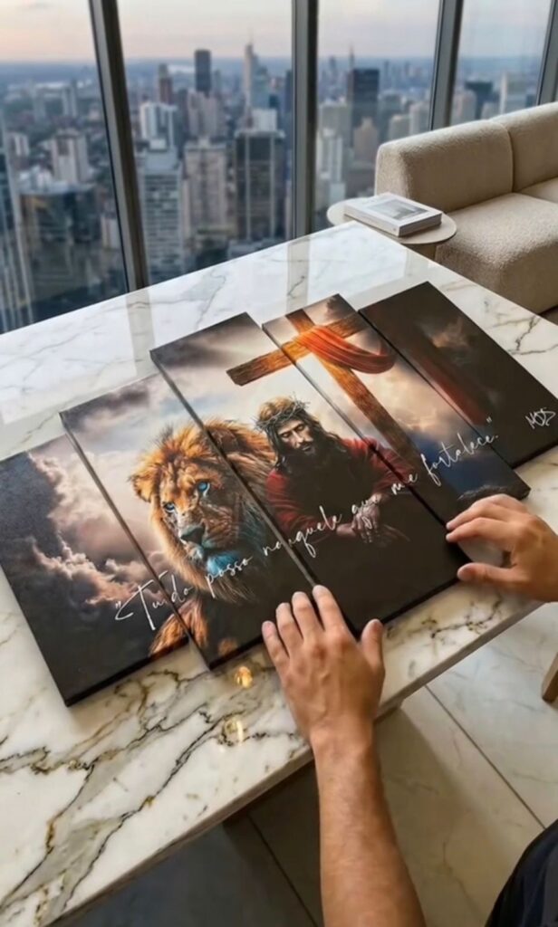 Mosaico GIGANTE 200x120cm Jesus e Leão de Judá — "Tudo Posso Naquele Que Me Fortalece" | 5 Peças em Alta Definição