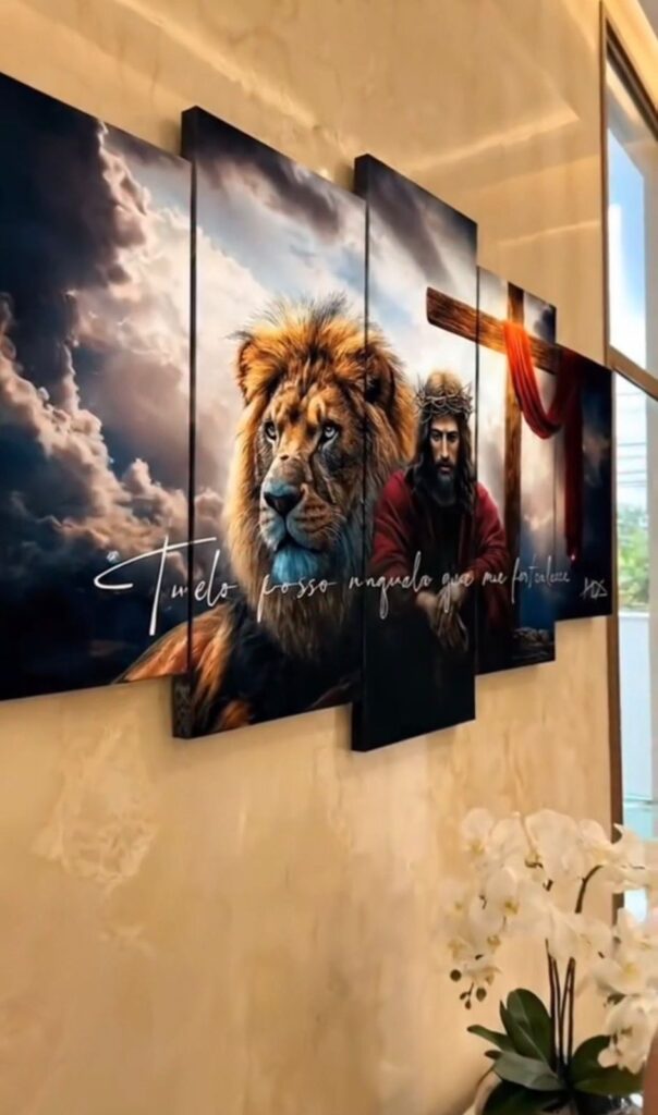 Mosaico GIGANTE 200x120cm Jesus e Leão de Judá — "Tudo Posso Naquele Que Me Fortalece" | 5 Peças em Alta Definição