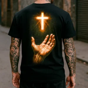 Camiseta Cruz Iluminada com Mão Estampa Religiosa - OFERTA RELÂMPAGO COMPRE 1 LEVE 3