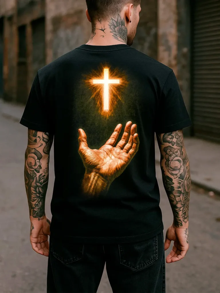Camiseta Cruz Iluminada com Mão Estampa Religiosa - OFERTA RELÂMPAGO COMPRE 1 LEVE 3