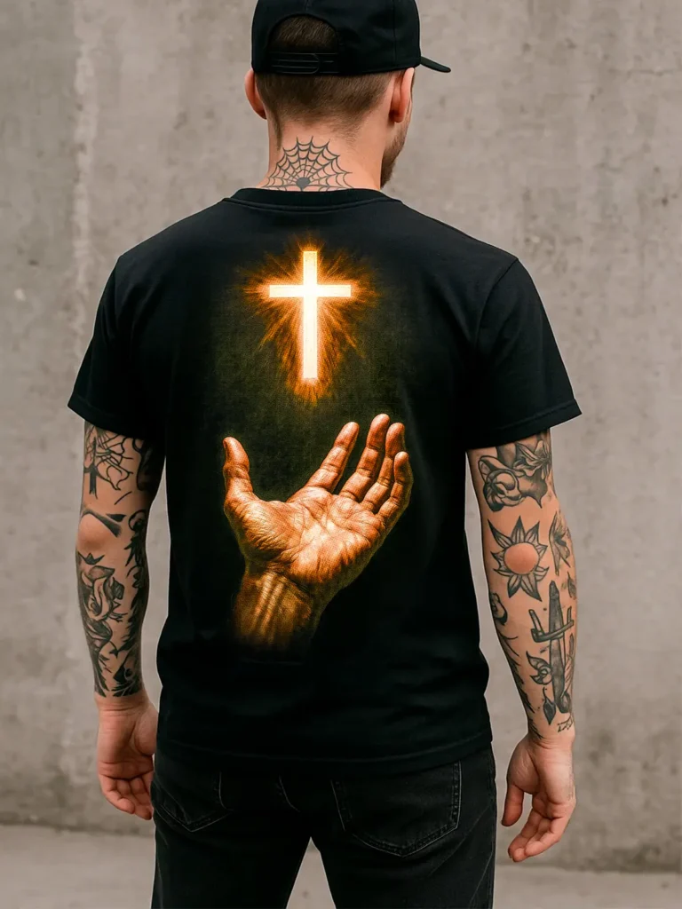 Camiseta Cruz Iluminada com Mão Estampa Religiosa - OFERTA RELÂMPAGO COMPRE 1 LEVE 3