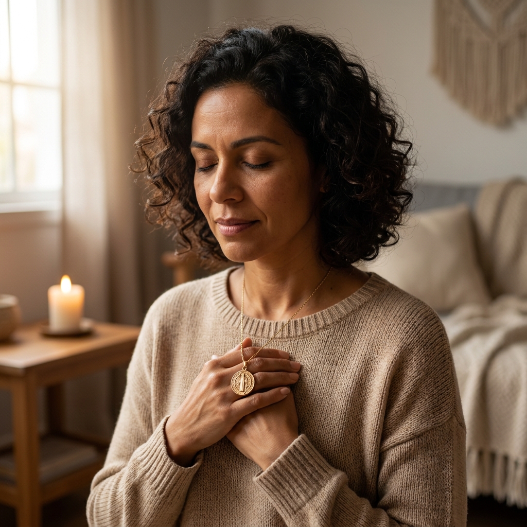 Medalha de São Bento Folheada a Ouro 18k - lifestyle