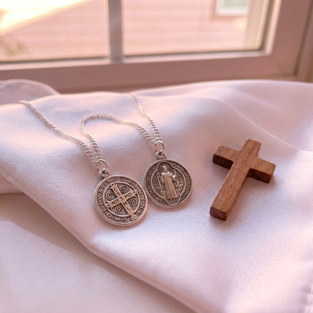 Medalha Infantil São Bento Prata Mini (Batismo) - hero