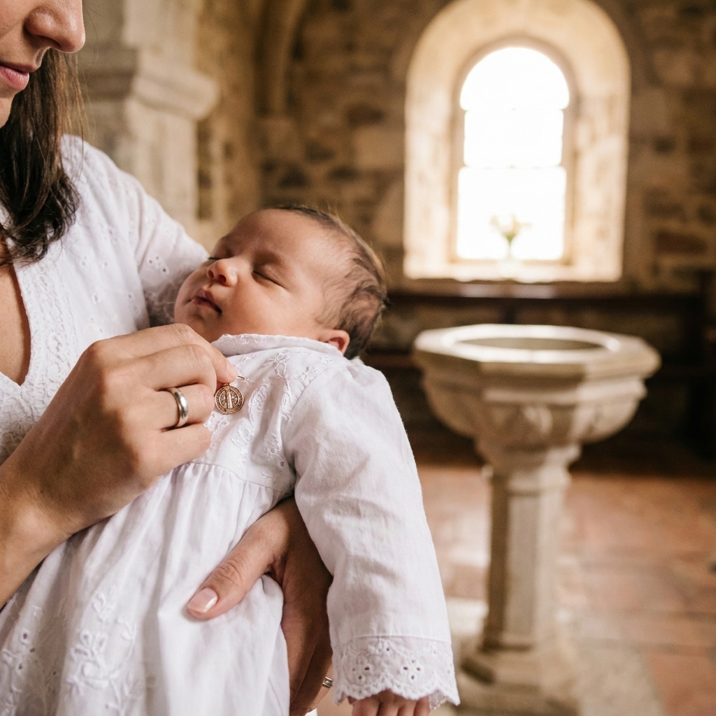 Medalha Infantil São Bento Prata Mini (Batismo) - lifestyle