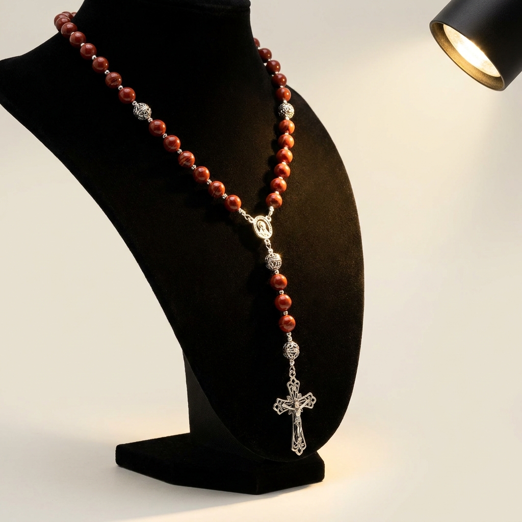 Terço de Jaspe Vermelho com Crucifixo Prata