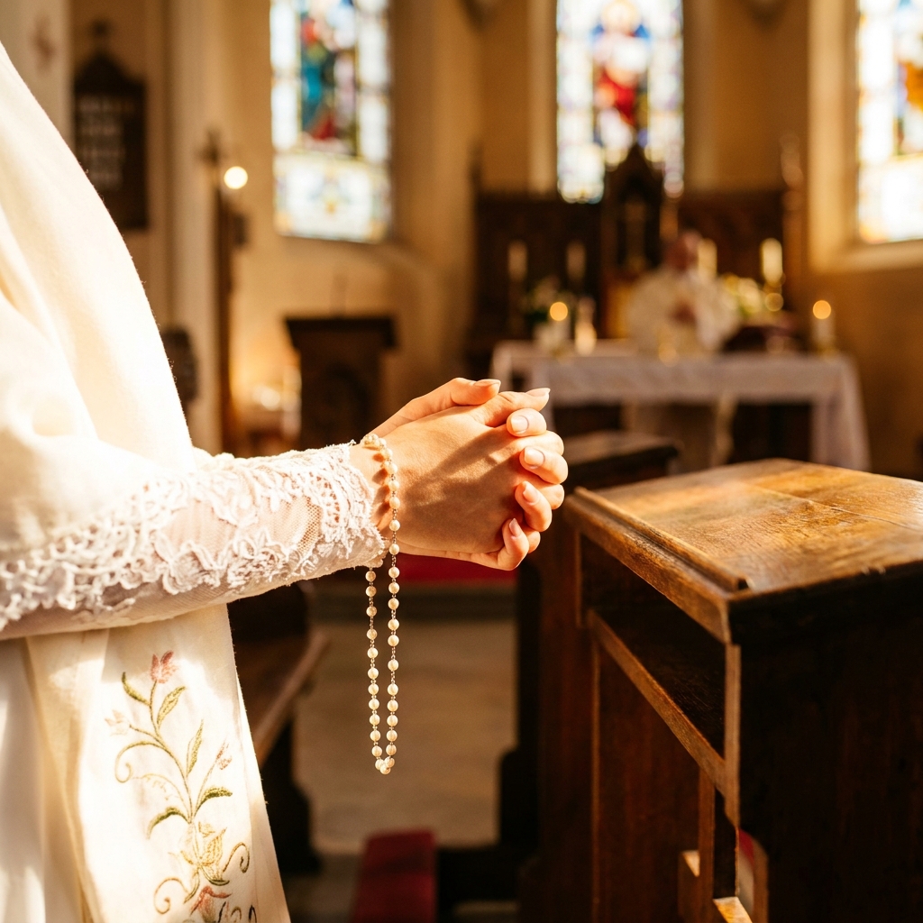 Terço de Pérola Branca para Noivas/Batismo - lifestyle