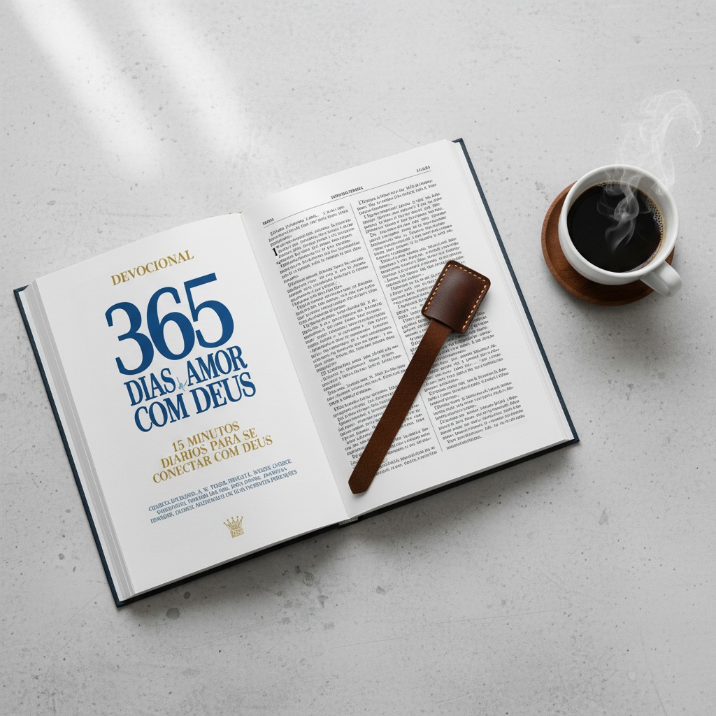 Devocional aberto com café e marcador