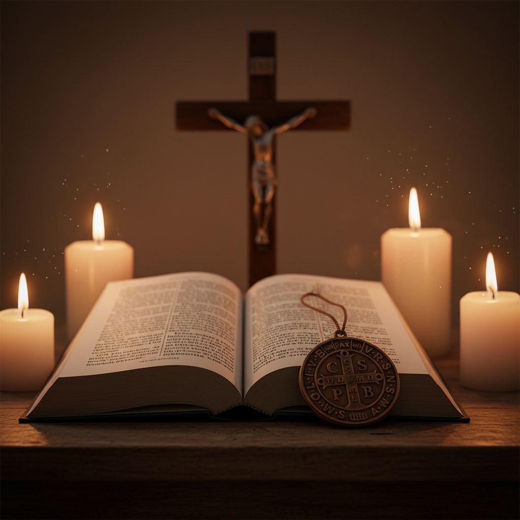 Grimório Sagrado de São Bento em altar católico