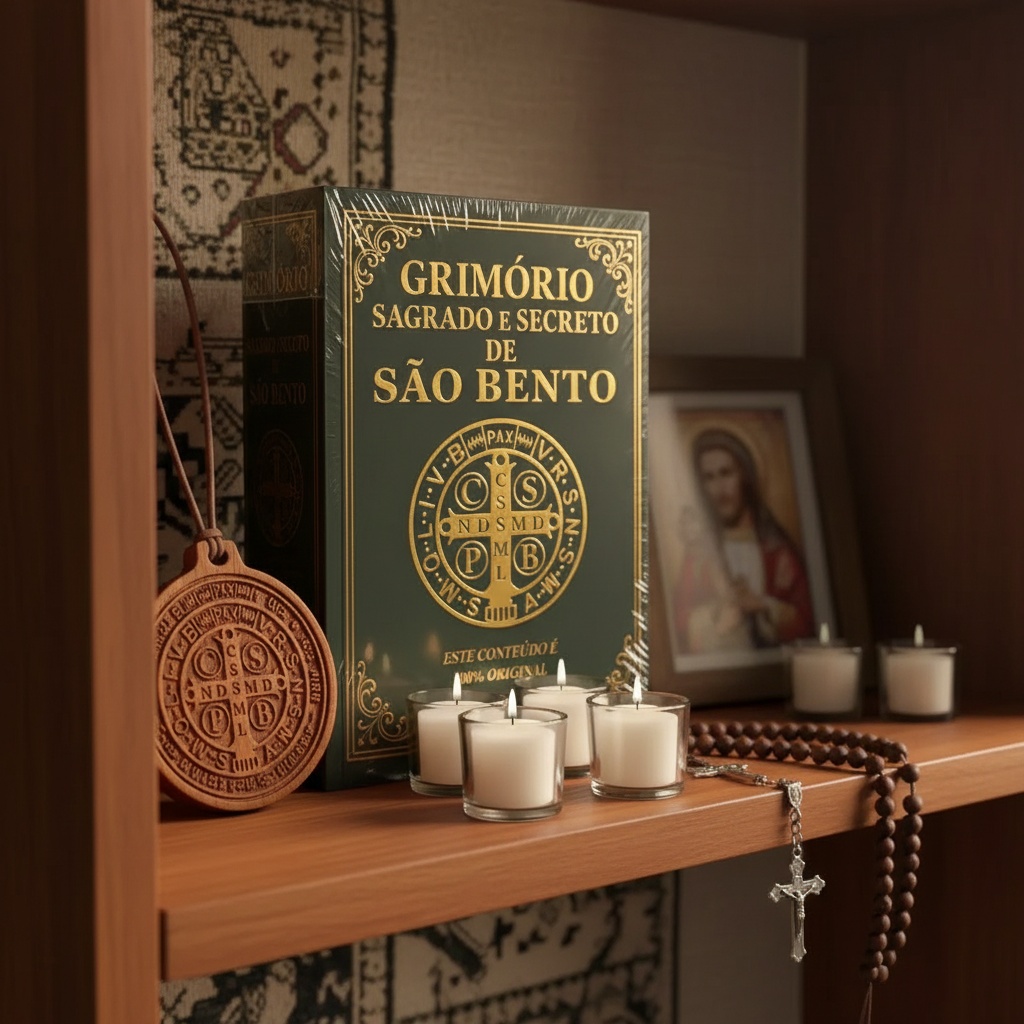Grimório no altar com medalha e terço