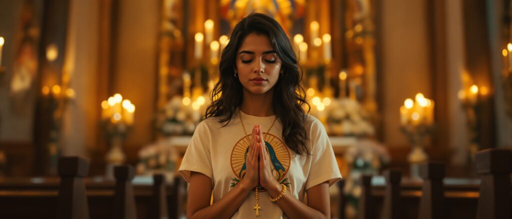 Mulher jovem rezando com terço em igreja católica