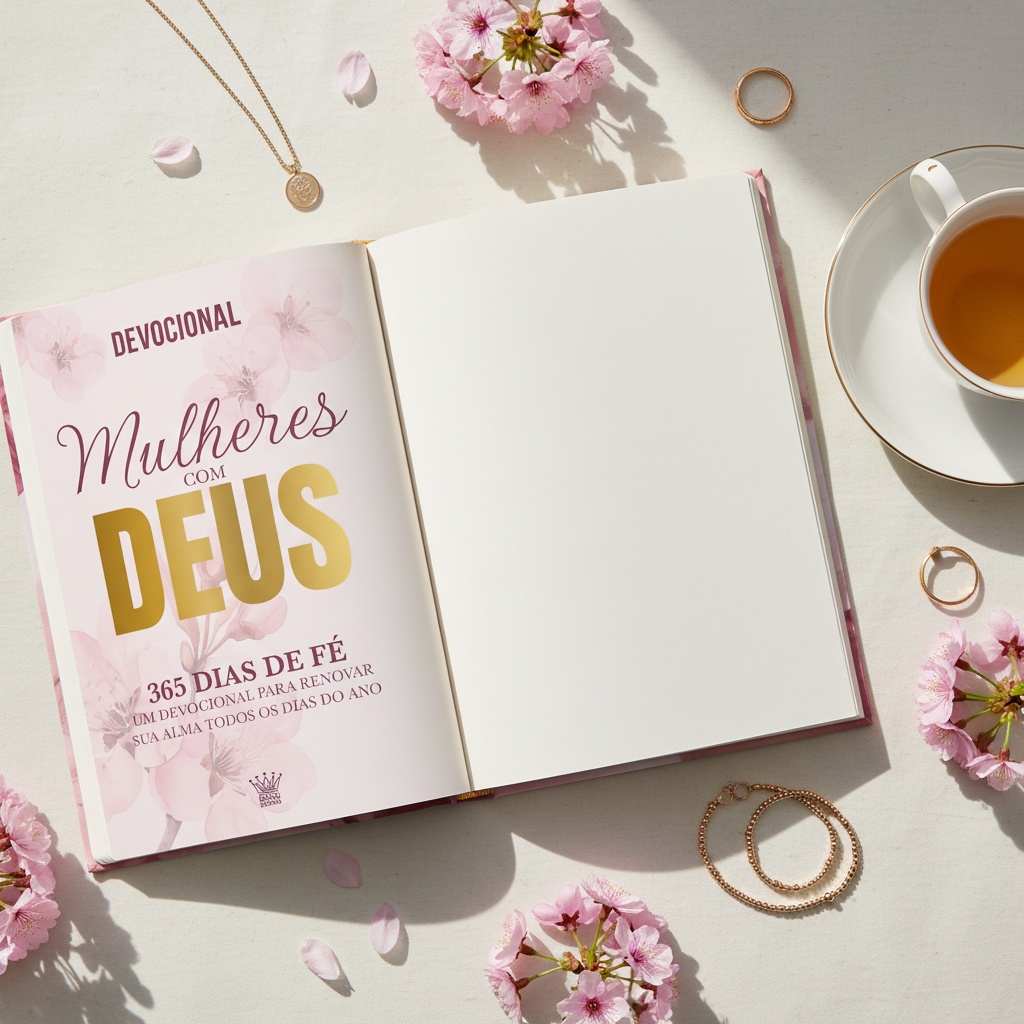 Flat lay devocional com flores e xícara